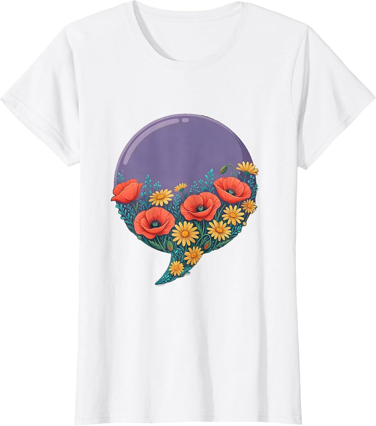Women's Speech Bubble Wildflower Bloom Graphic Design T-Shirt - White