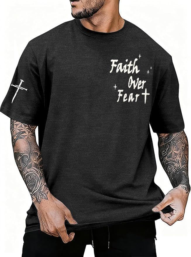 Christian Faith Over Fear Shirts for Men Religious Bible Verse Tshirts - Grey