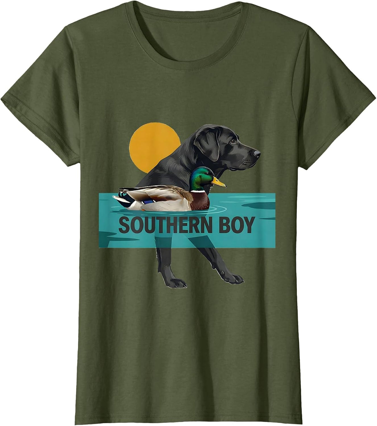 Women's Southern Boy Midcentury Modern Labrador Duck Hunting Vintage T-Shirt - Olive Green