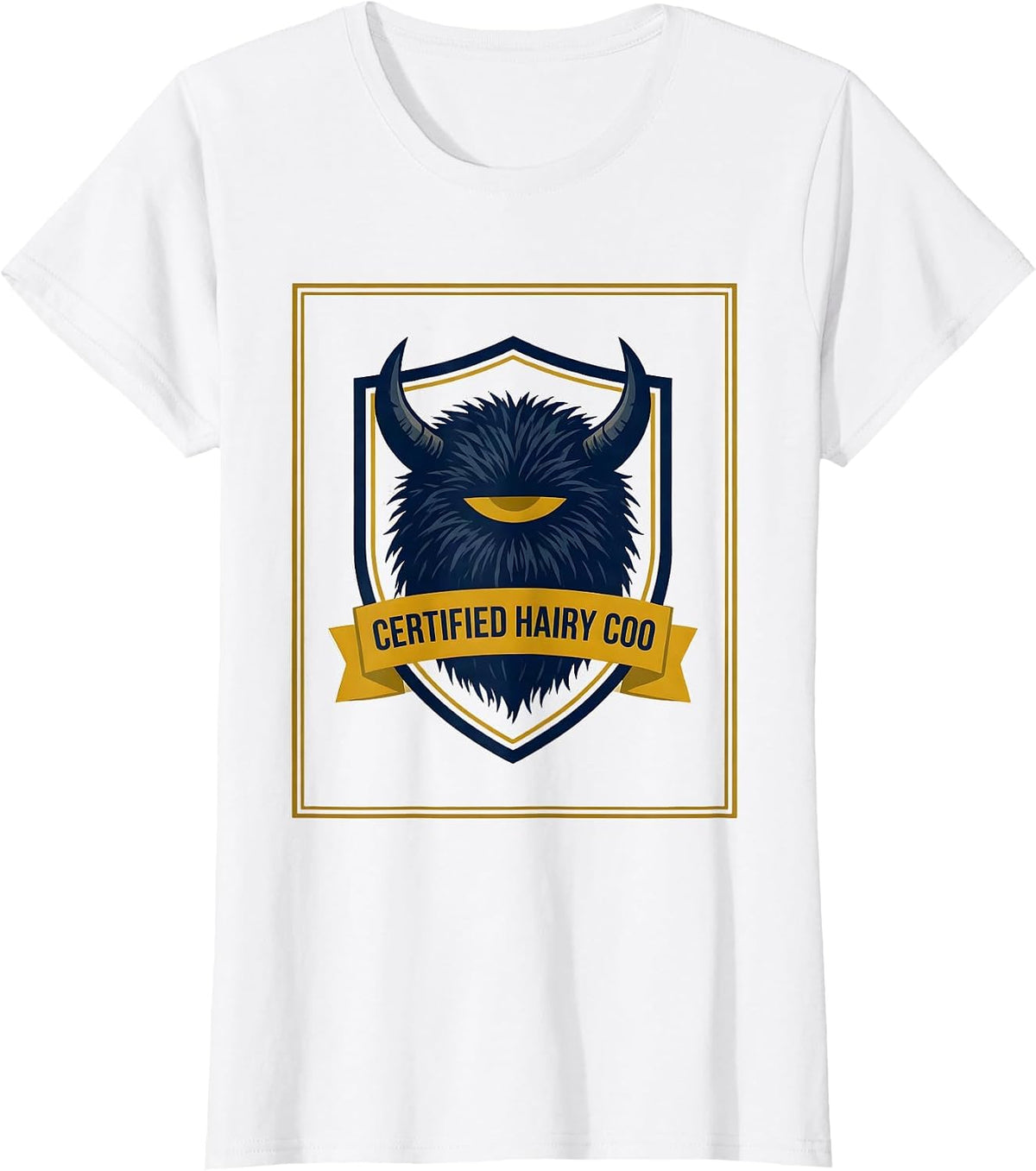 Certified Hairy Coo Funny Highland Cow Emblem Scottish Cow T-Shirt - White