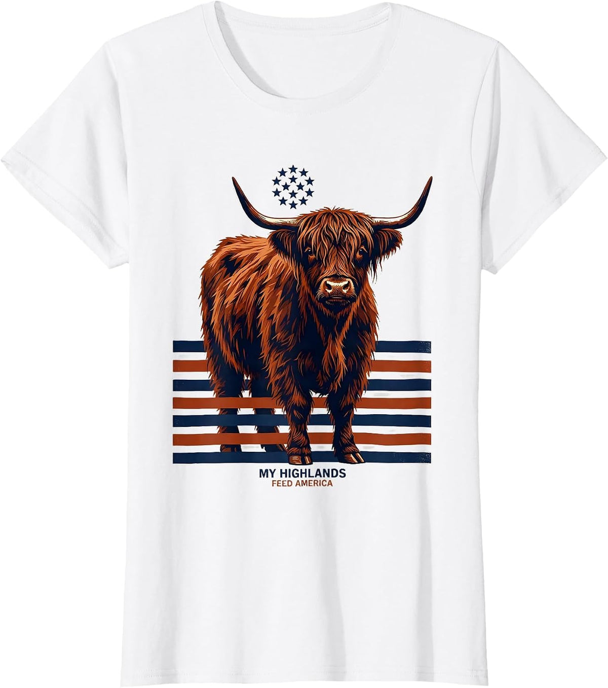 My Highlands Feed America Screenprint Highland Cow Patriotic T-Shirt - White
