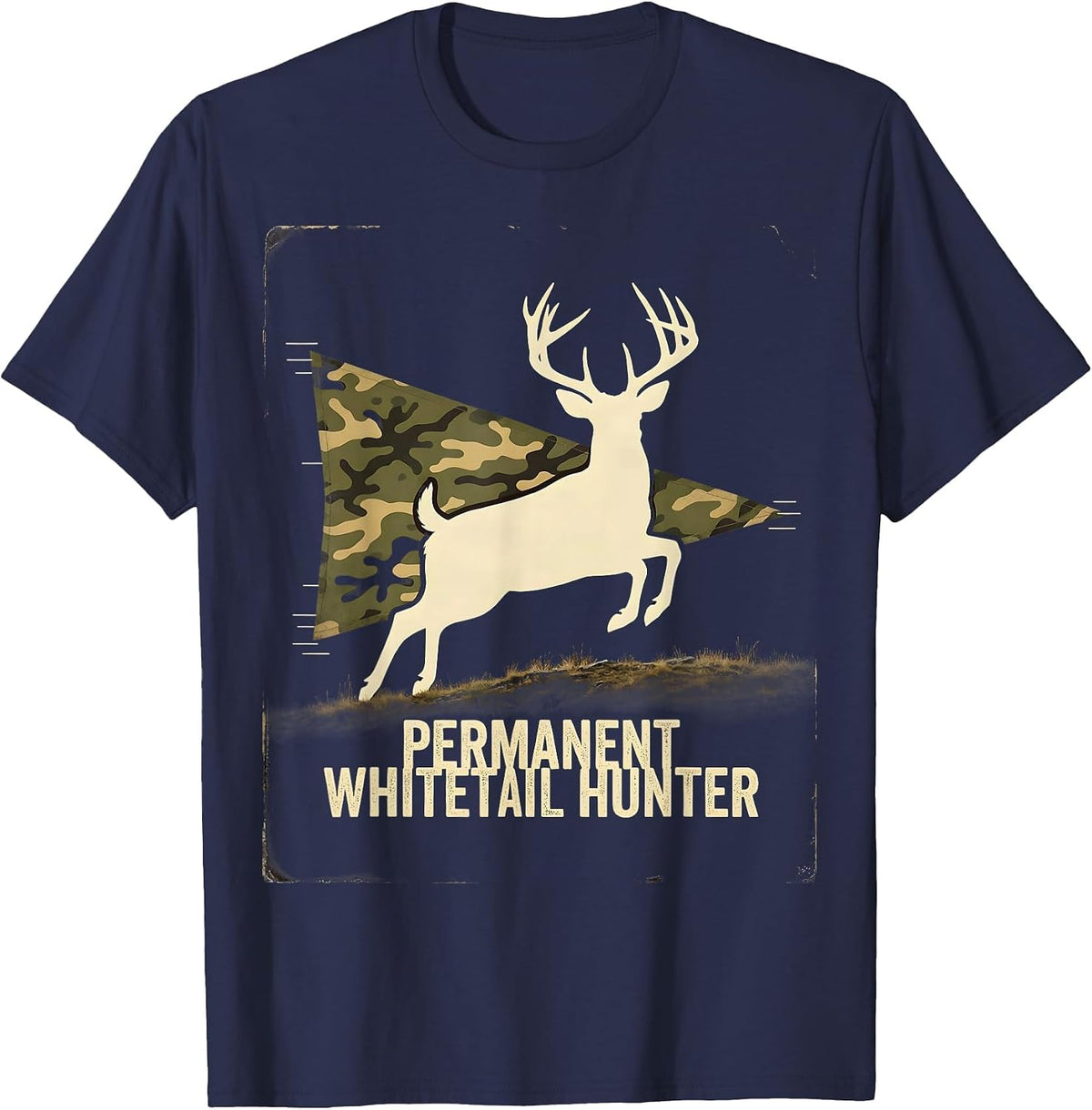 Men's Permanent Whitetail Hunter Vintage Camo Deer Hunting Dad T-Shirt - Navy Blue