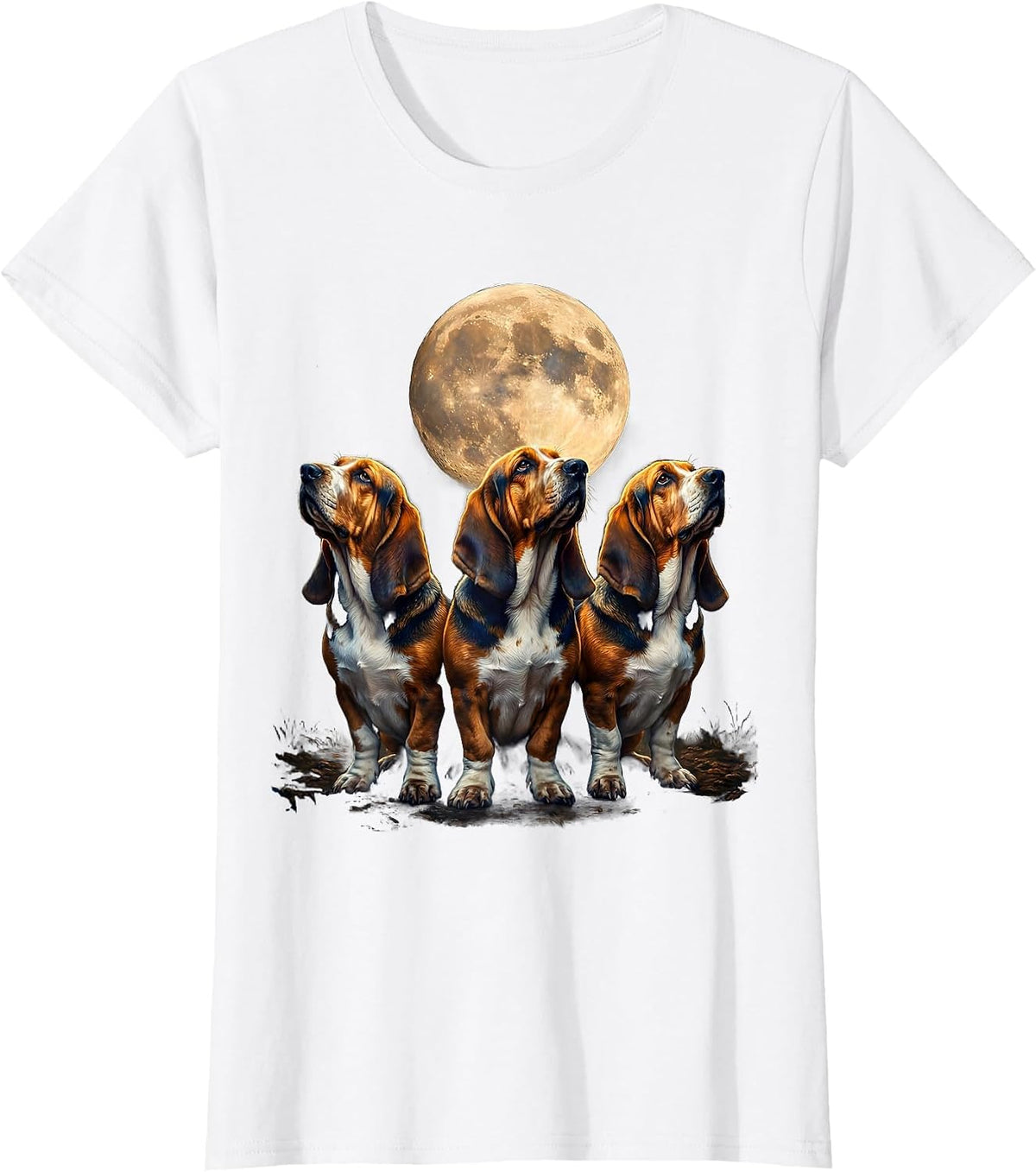 Three Basset Hounds Moon Howling Funny Pet Lover Humor T-Shirt - White