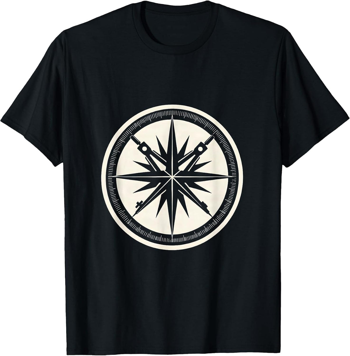 Men's Compass Protractor Geometric Starburst Design T-Shirt - Black