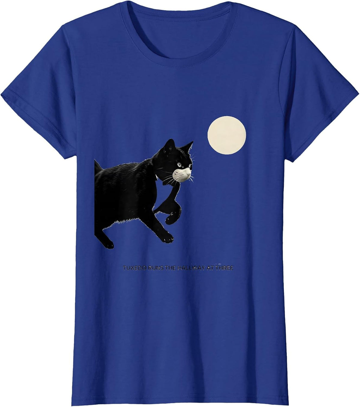 Women's Tuxedo Runs the Hallway at Three Minimalist 90s Retro Cat T-Shirt - Royal Blue