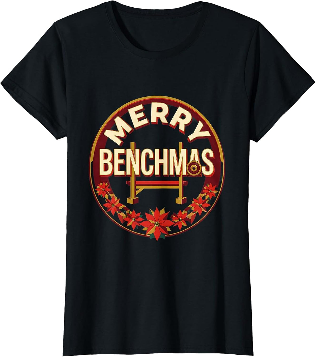 Merry Benchmas Funny Christmas Gym Workout Weightlifting T-Shirt - Black