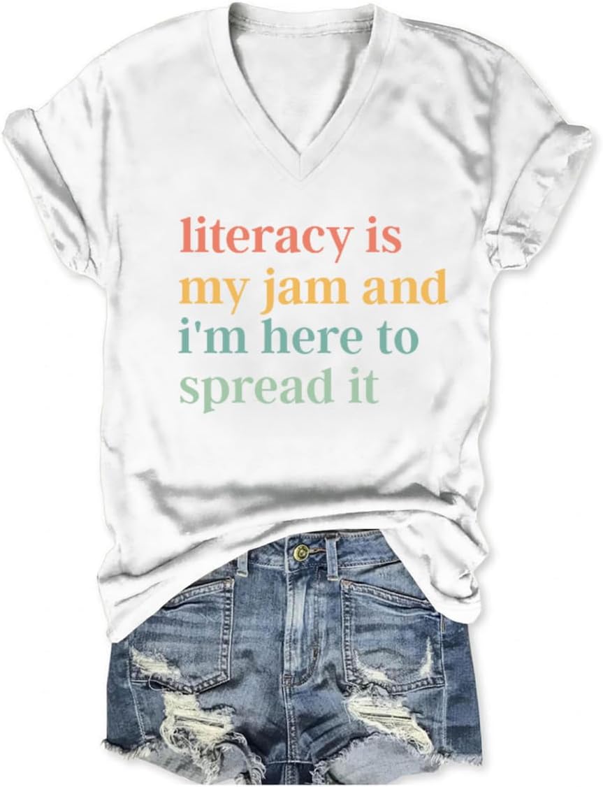 Reading Teacher Shirts Women Literacy is My Jam and I'm Here to Spread It Graphic Tees V Neck English Teacher Tshirts - White
