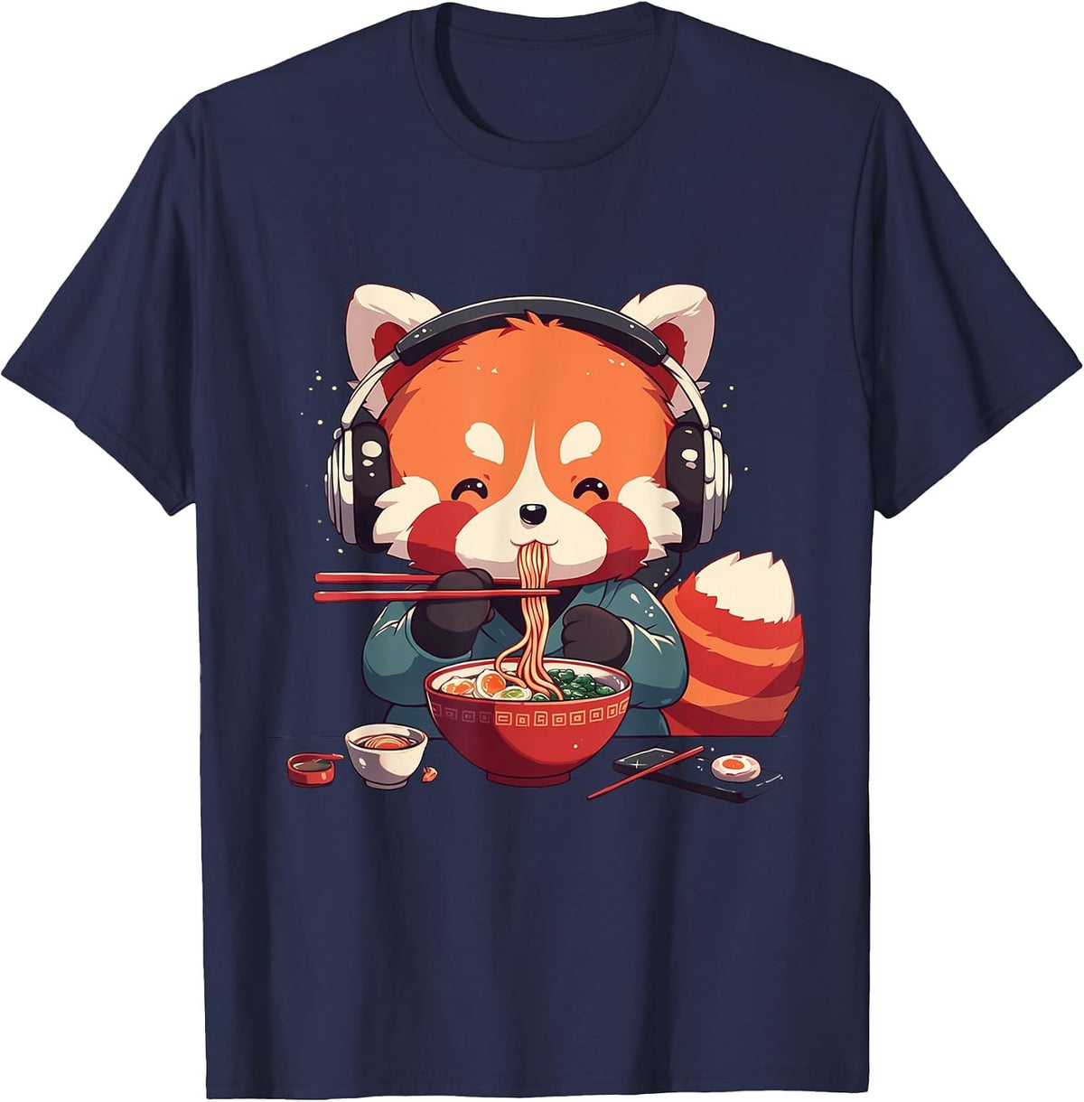 Kawaii Anime Red Panda Eating Ramen Noodles T-Shirt - Navy Blue