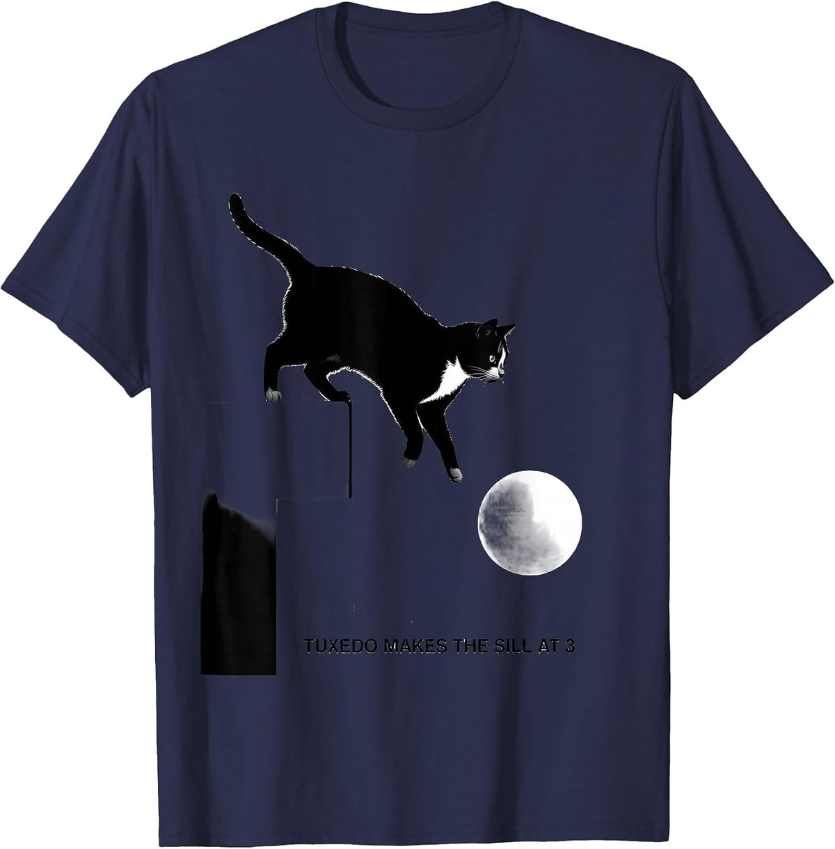 Tuxedo Makes the Sill at 3 90s Retro Cat Portrait T-Shirt - Navy Blue