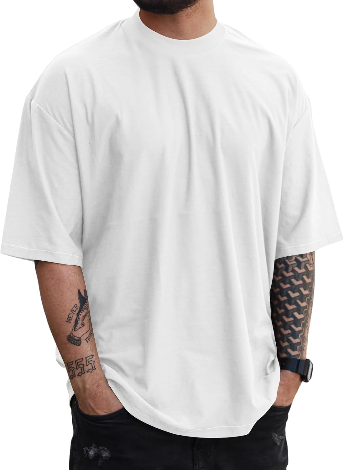 Mens Oversize Short Sleeve Tshirts Workout Drop Shoulder Relaxed Fit Tees - White