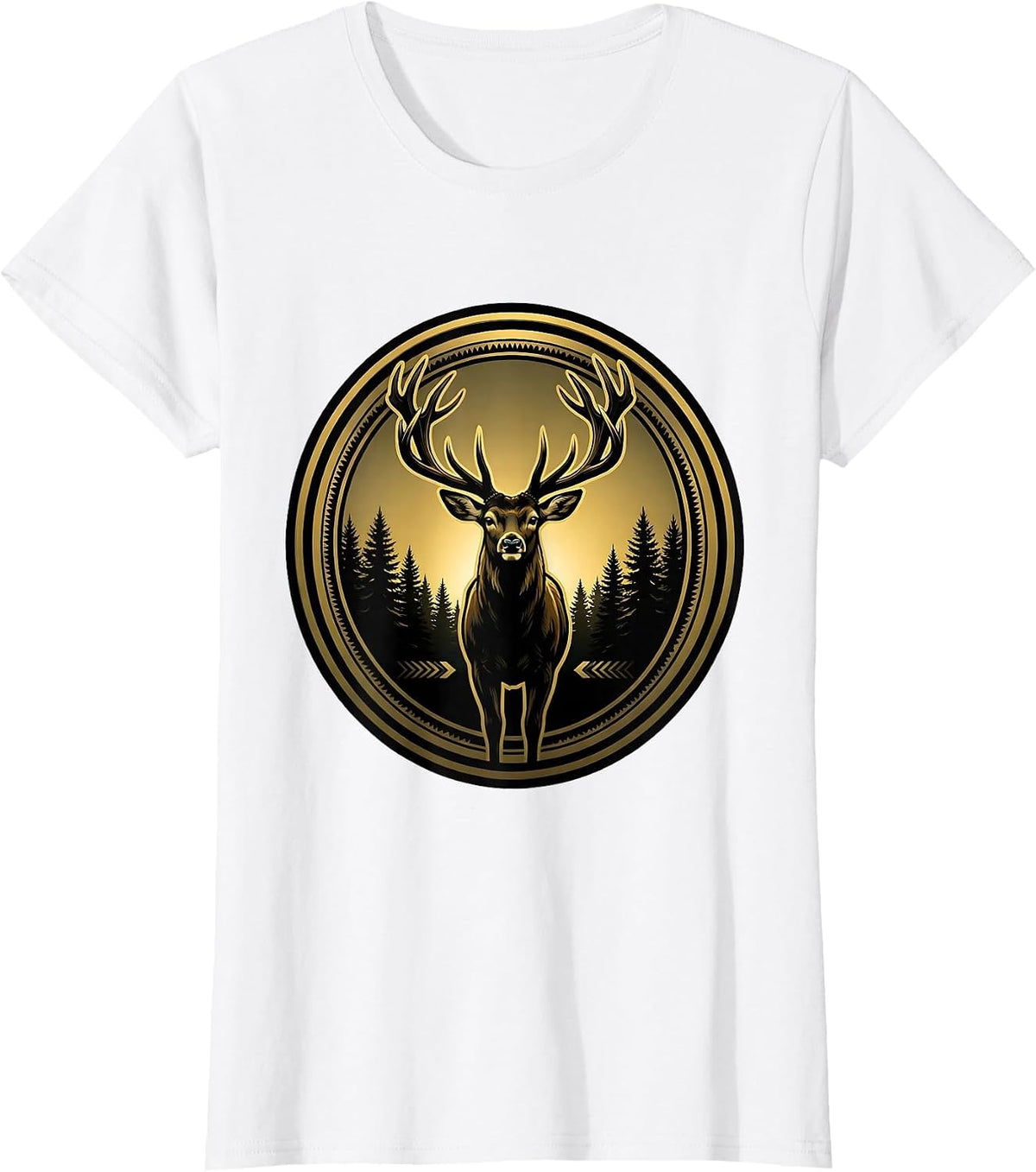 Buck Deer Silhouette Dawn Treeline Hunting Design T-Shirt - White