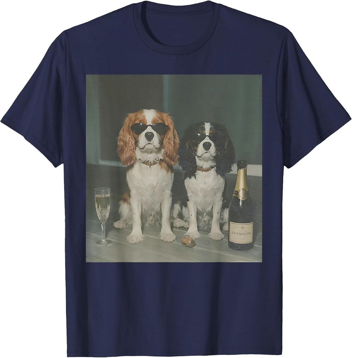 Cavalier King Charles Drinking Champagne Funny Dog Meme T-Shirt - Navy Blue