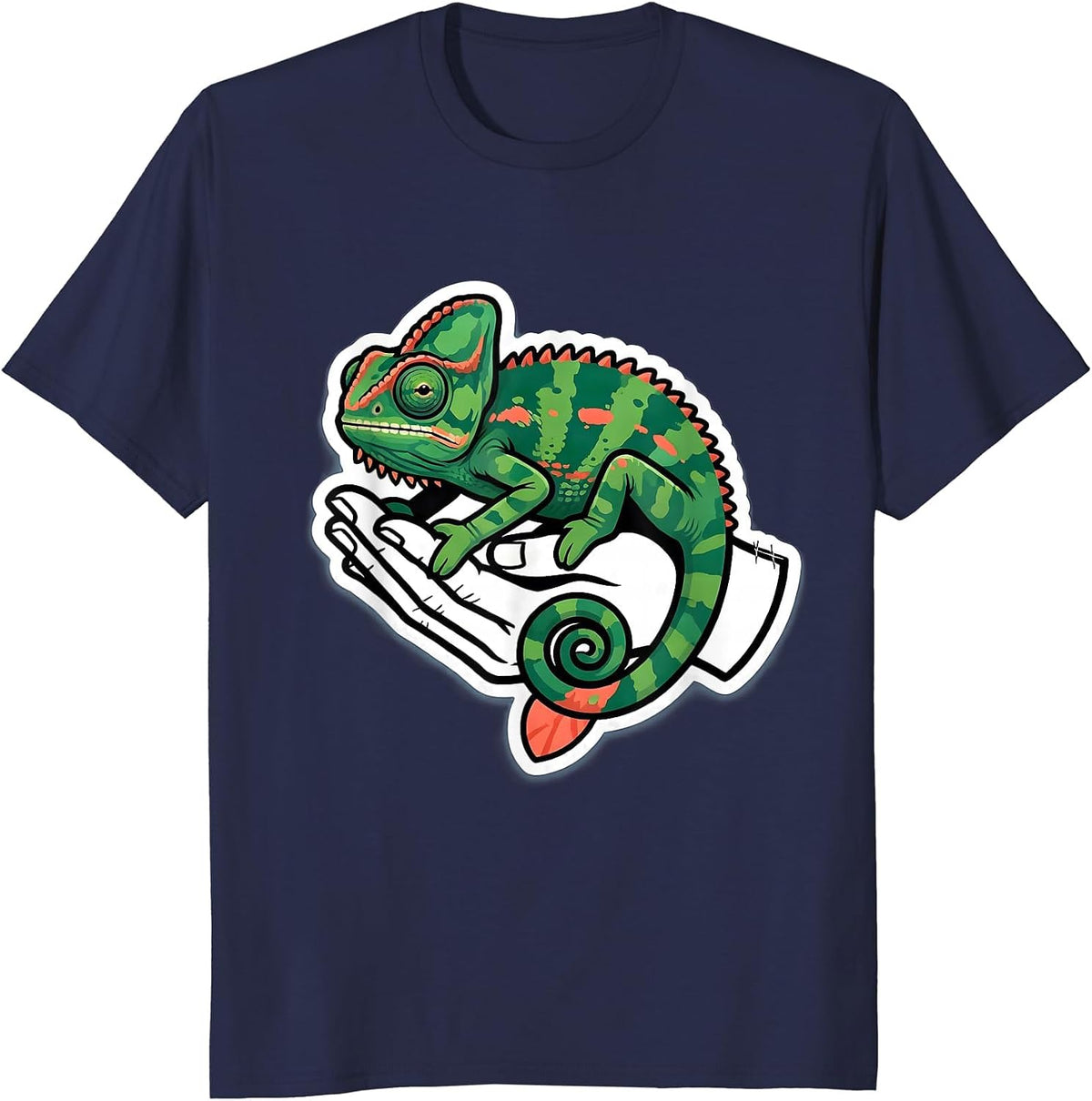 Men's Crested Chameleon Cute Pocket Pet Keeper Sticker Style T-Shirt - Navy Blue