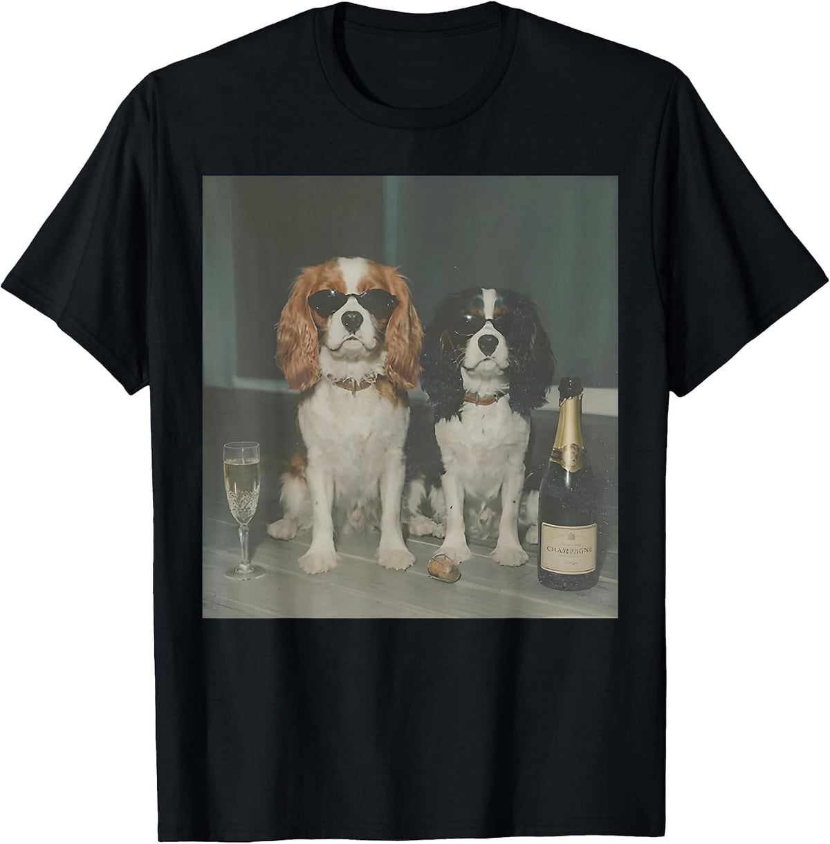 Cavalier King Charles Drinking Champagne Funny Dog Meme T-Shirt - Black