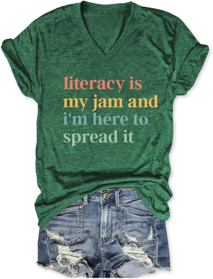 Reading Teacher Shirts Women Literacy is My Jam and I'm Here to Spread It Graphic Tees V Neck English Teacher Tshirts - Dark