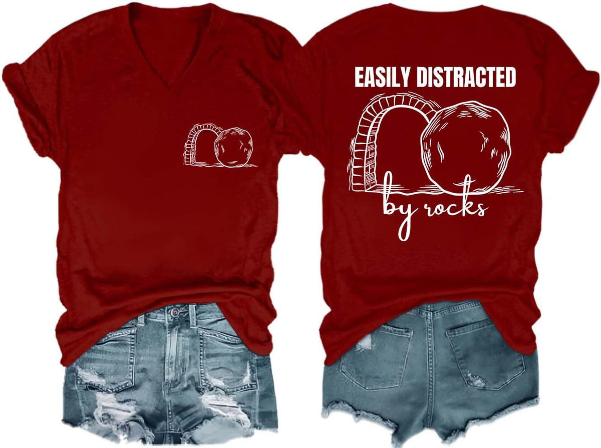 Easily Distracted by Rocks Shirt, Funny Geology Easily Distracted by Rocks T-Shirt V Neck Casual Tees Unisex - V-Neck Wine-1