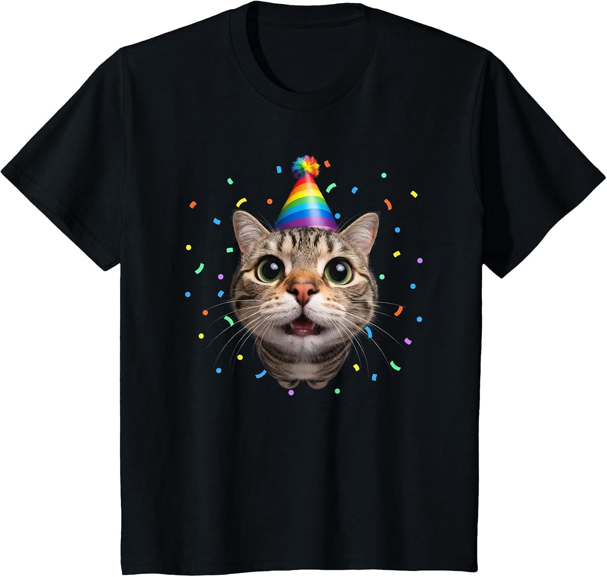 Funny Tabby Cat Face Rainbow Party Hat Cute Birthday Kitty T-Shirt - Black