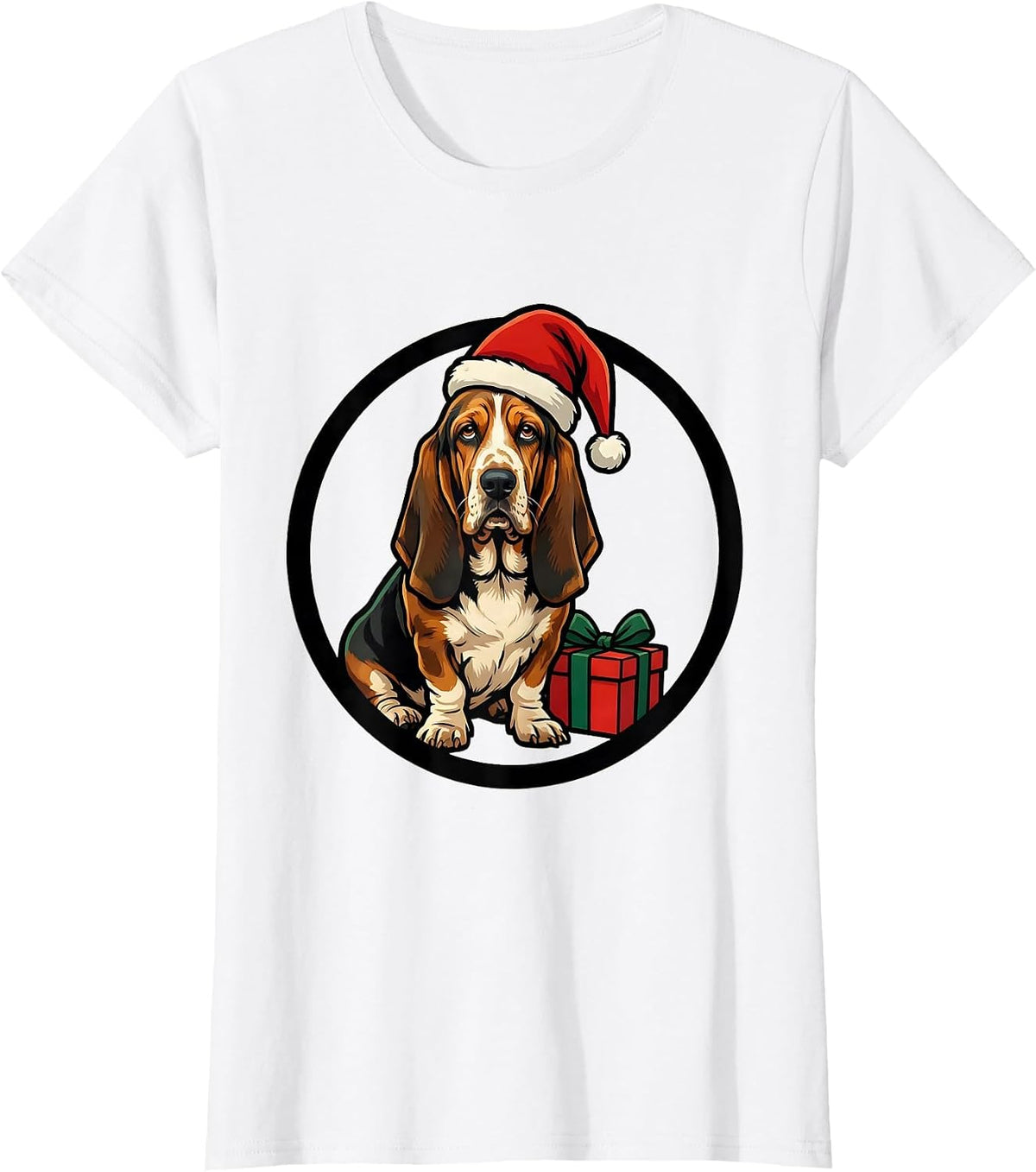 Basset Hound Christmas Badge Santa Hat Dog Lover Gift T-Shirt - White
