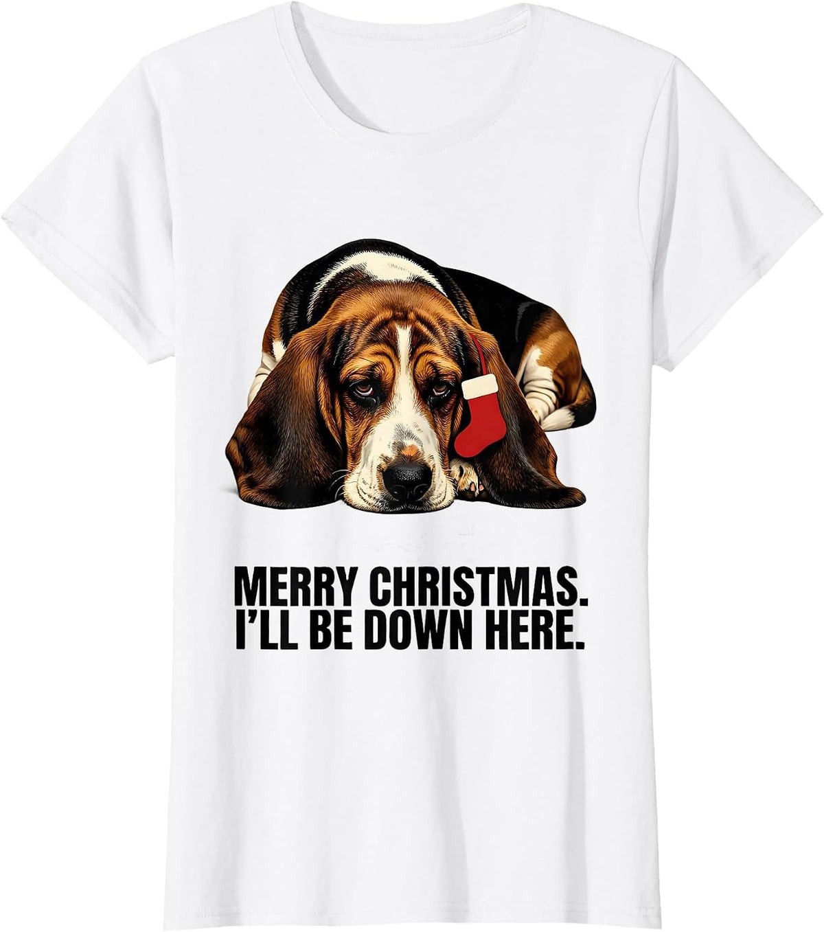 Merry Christmas I'll Be Down Here Funny Basset Hound Dog T-Shirt - White