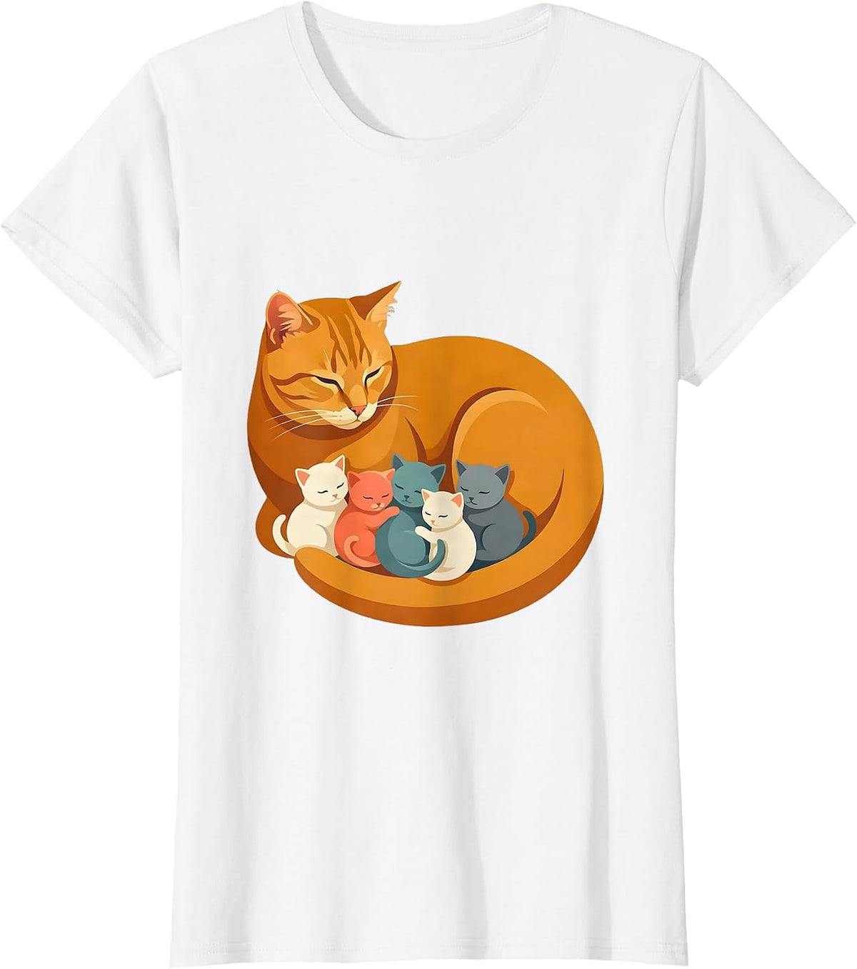 Women's Cat Mom Nursing Kittens Illustration T-Shirt - White