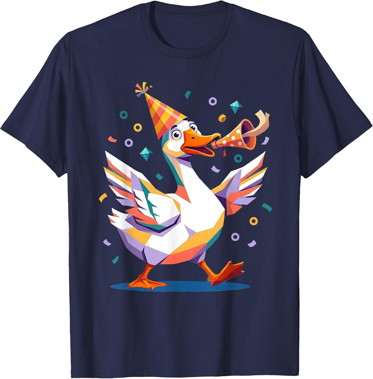 Silly Goose Party Hat Noisemaker Graphic T-Shirt - Navy Blue