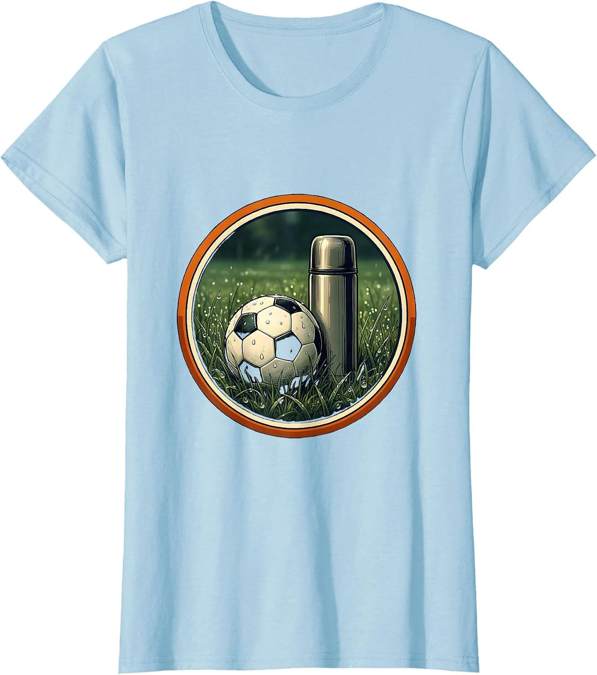 Women's Soccer Dad Thermos and Ball on Dewy Grass T-Shirt - Baby Blue