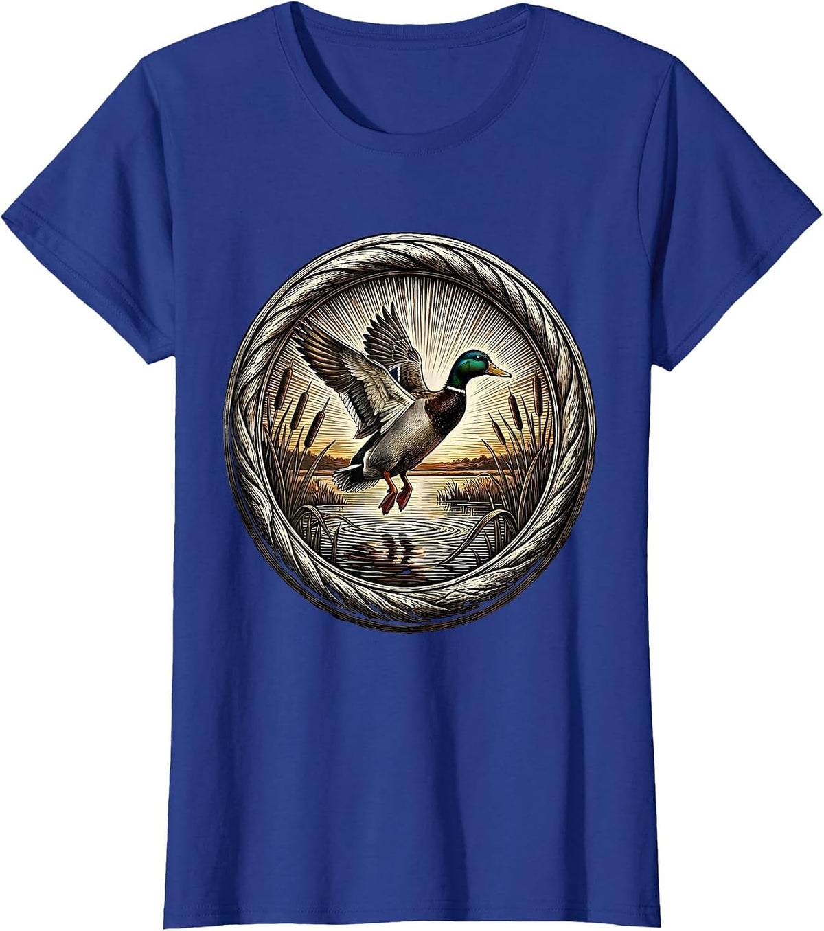 Women's Duck Flying Over Marsh at Sunset Hunting Design T-Shirt - Royal Blue