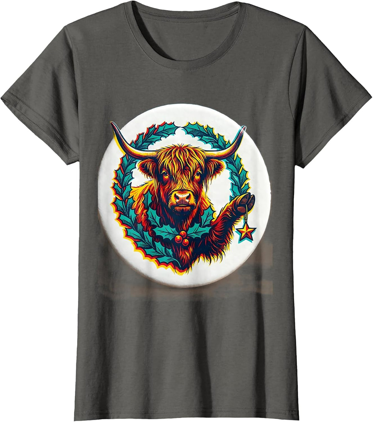 Women's Sealed Highland Cow Badge Risograph Whimsical Farm Humor T-Shirt - Asphalt Grey