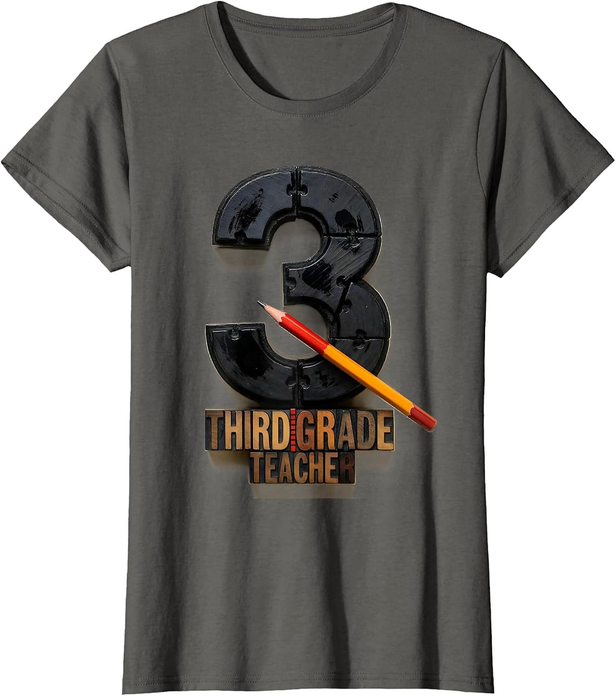 Women's Third Grade Teacher Wood Type Letterpress Back To School T-Shirt - Asphalt Grey