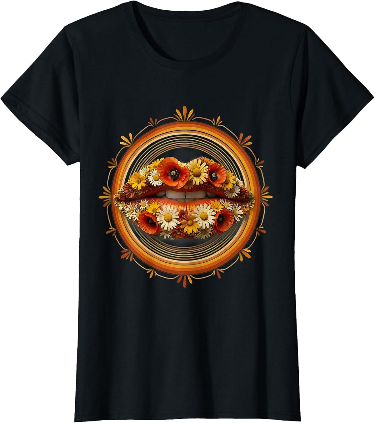 Women's Speech Therapy Wildflower Lips Floral Art Design T-Shirt - Black
