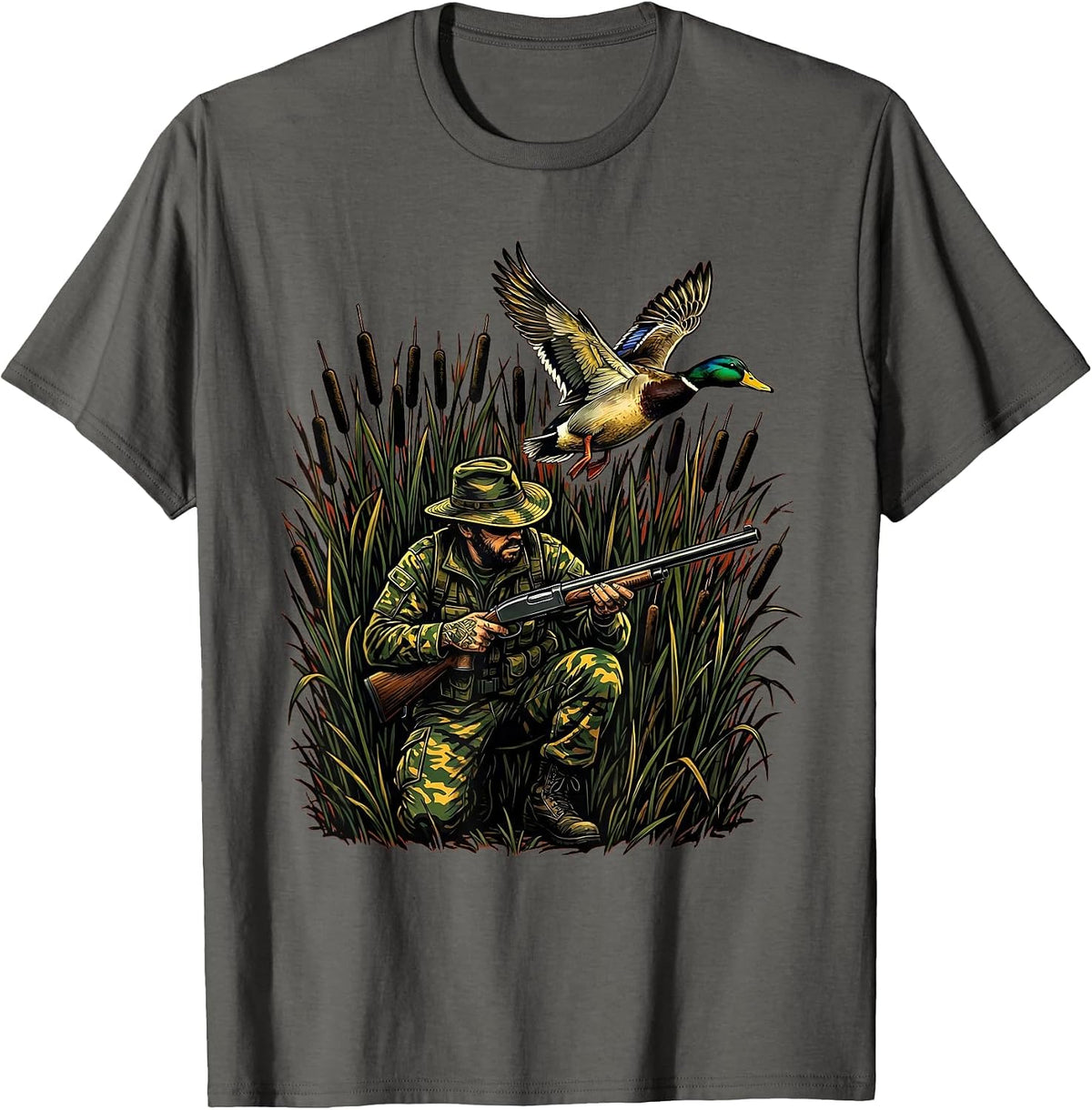 Duck Hunter Crouching in Tall Reeds Illustration T-Shirt - Asphalt Grey