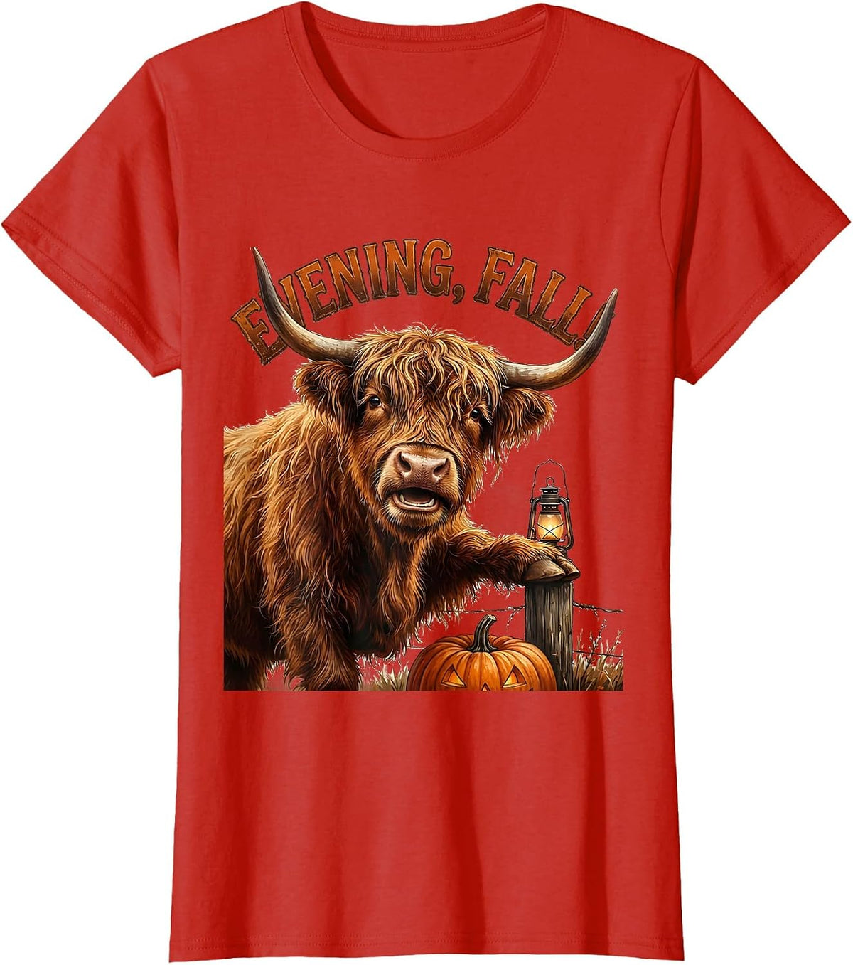 Women's Evening, Fall! Whimsical Highland Cow Halloween Humor T-Shirt - Red