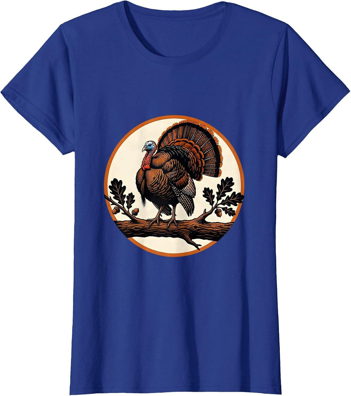 Women's Wild Turkey Perched on Oak Branch Illustration T-Shirt - Royal Blue