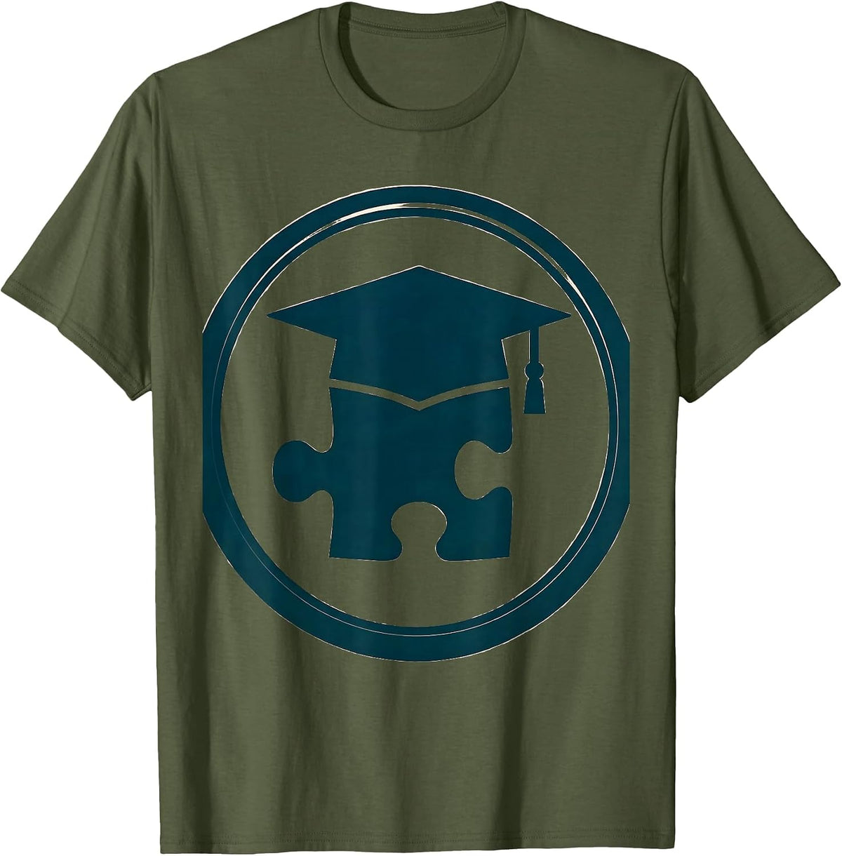 Special Education Teacher Graduation Cap Puzzle Piece T-Shirt - Olive Green
