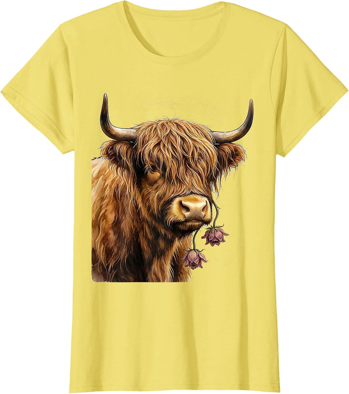 Highland Cow Bust Watercolor Cute Floral Cow Lover T-Shirt - Lemon Yellow
