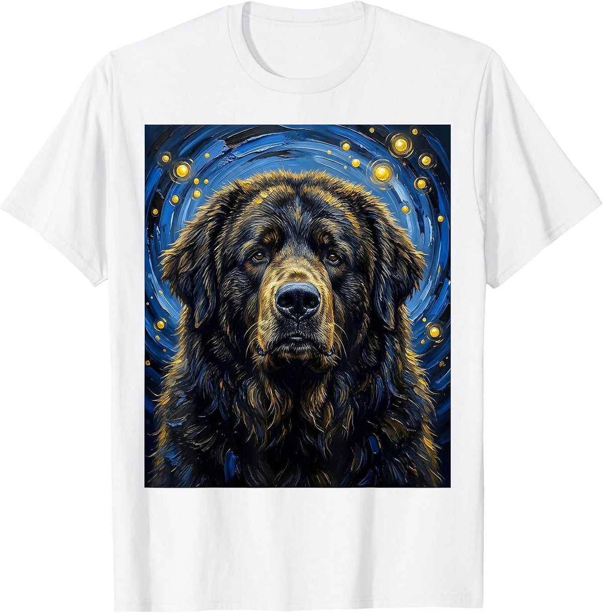 Men's Newfoundland Dog Van Gogh Style Starry Night Portrait T-Shirt - White