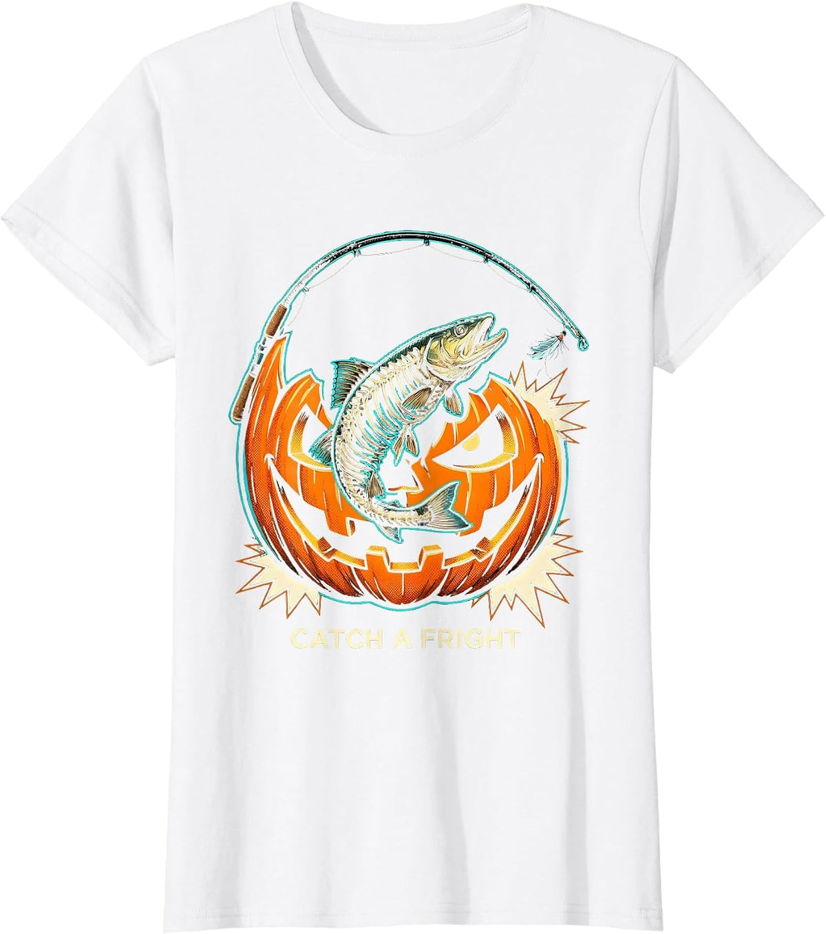 Catch a Fright Pop Art Halloween Fishing Ghost Fly Skeleton T-Shirt - White