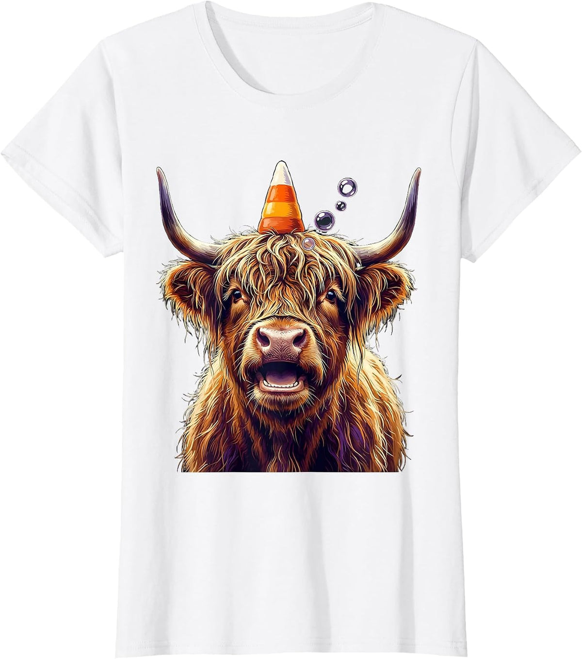 Women's Shaggy Highland Cow Candy Corn Crown Halloween Humor T-Shirt - White