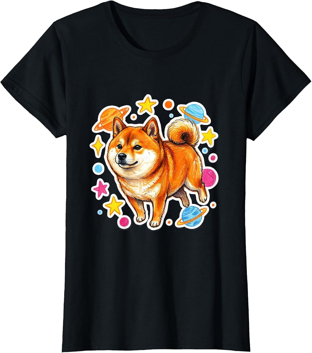 Shiba Inu Floating in Dotted Space Illustration T-Shirt - Black