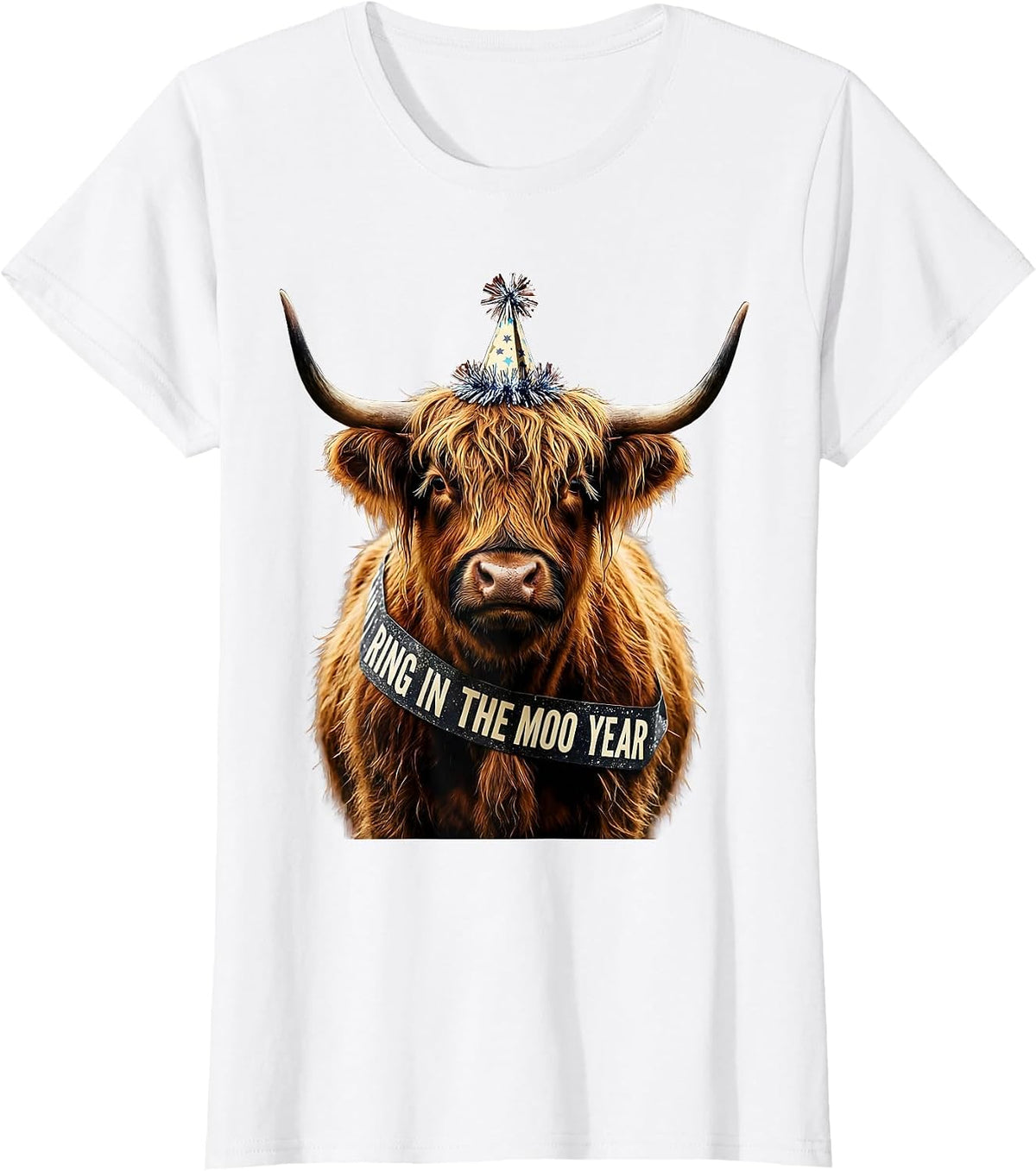 Ring In The Moo Year Funny Highland Cow Holiday Humor T-Shirt - White