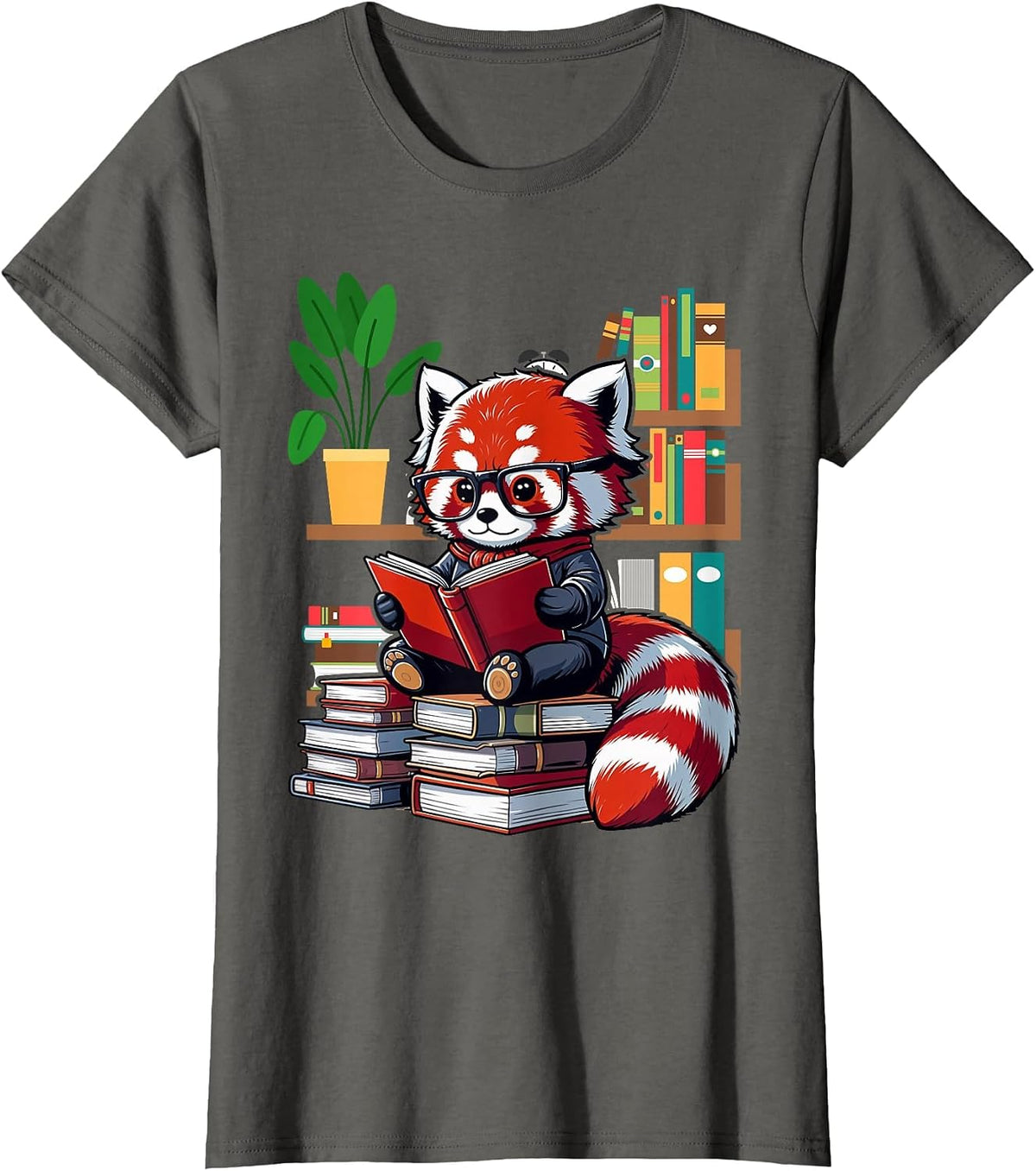 Red Panda Books Lover Reading Bookworm T-Shirt - Asphalt Grey