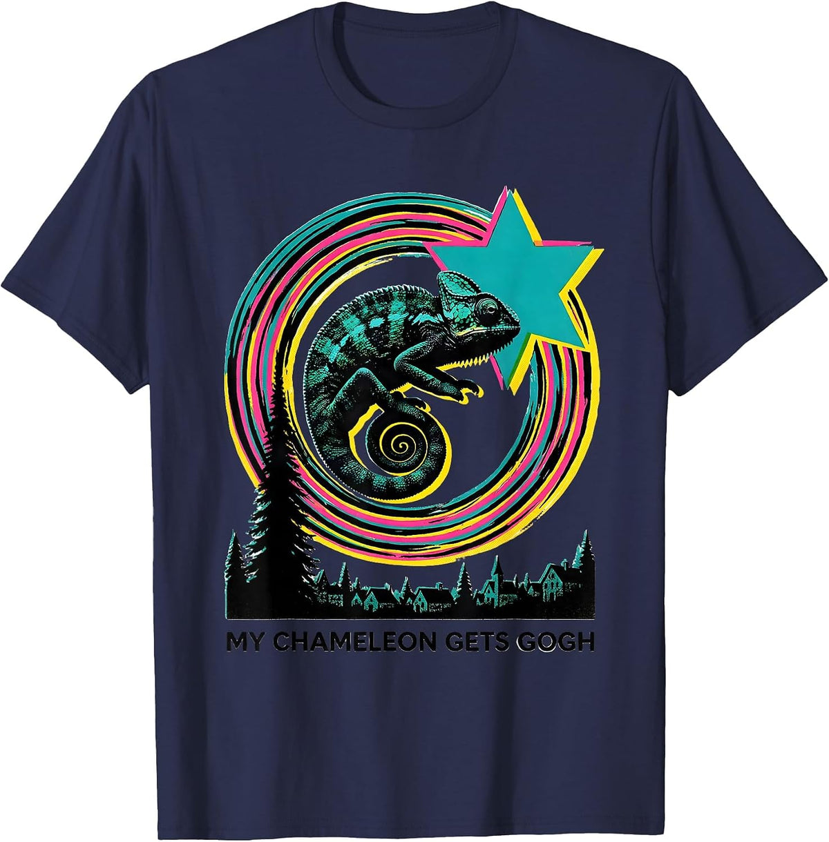 Men's My Chameleon Gets Gogh Risograph Funny Animal Lover Van Gogh T-Shirt - Navy Blue