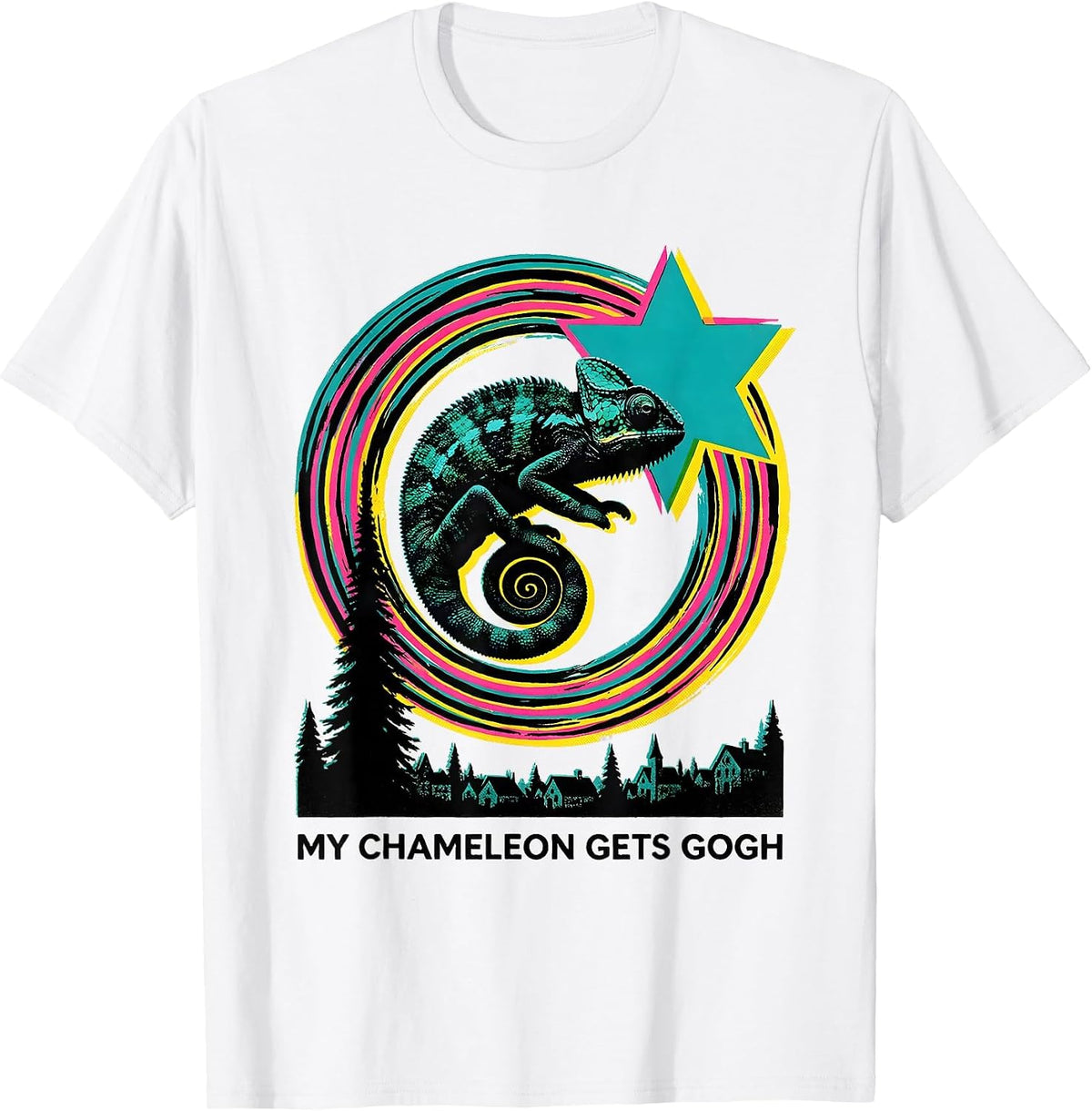 Men's My Chameleon Gets Gogh Risograph Funny Animal Lover Van Gogh T-Shirt - White