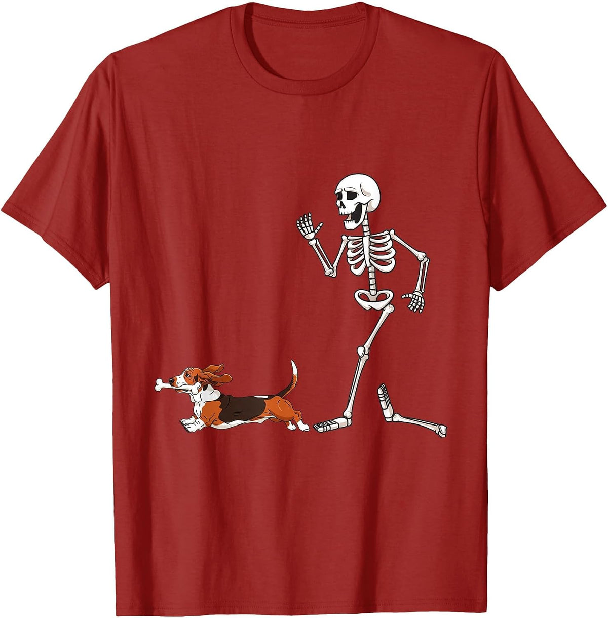 Funny Halloween Basset Hound and Skeleton T-Shirt - Cranberry Red