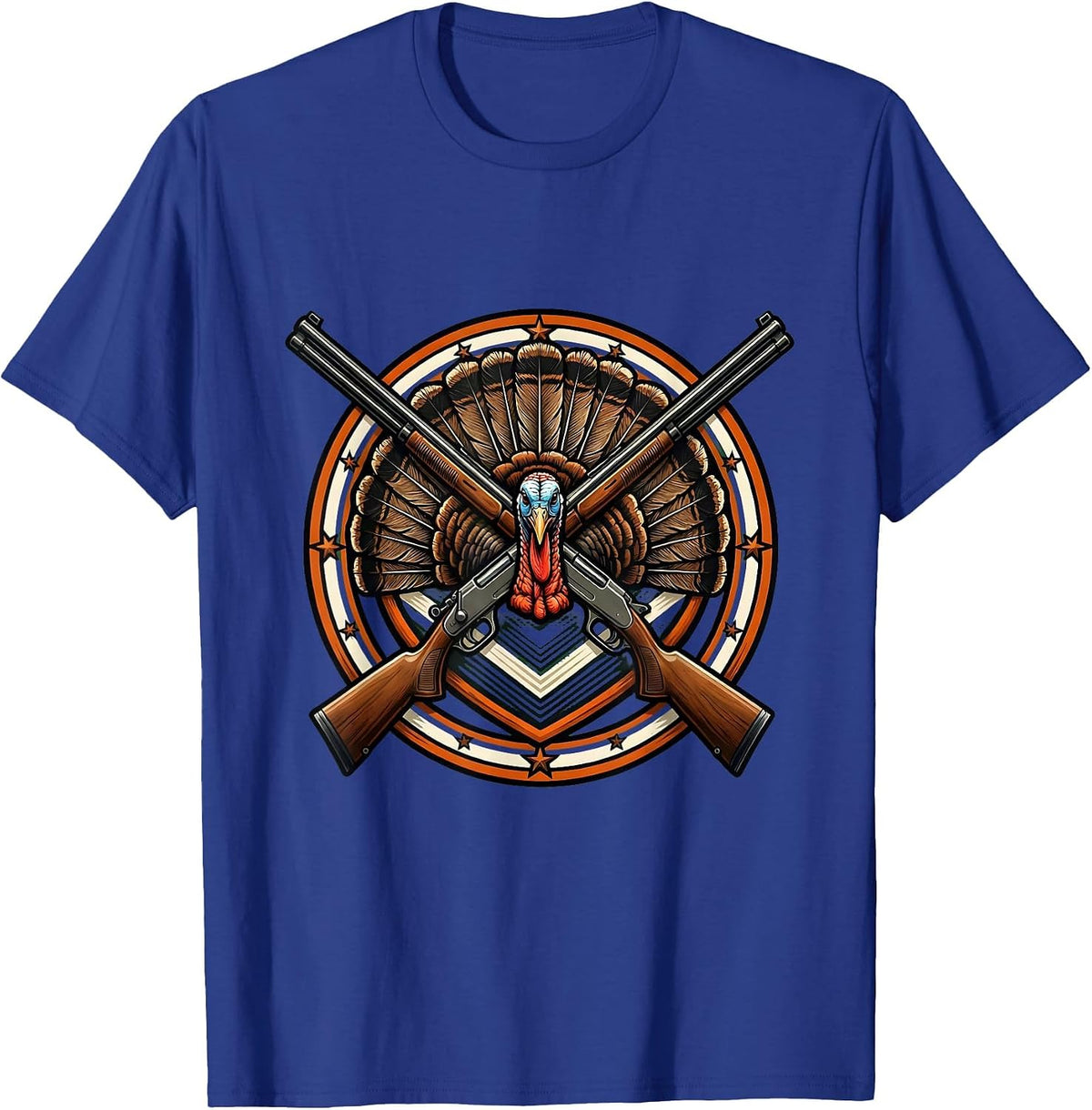 Thanksgiving Hunting Rifle and Turkey Feathers Design T-Shirt - Royal Blue