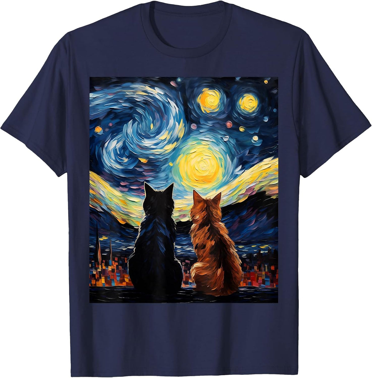 Funny Couples Cats Lover Starry Night Vincent Van Gogh Cat T-Shirt - Navy Blue
