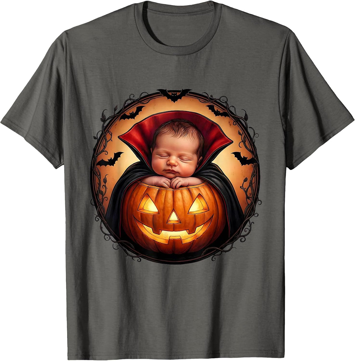 Men's NICU Halloween Tiny Baby Vampire Pumpkin Design T-Shirt - Asphalt Grey
