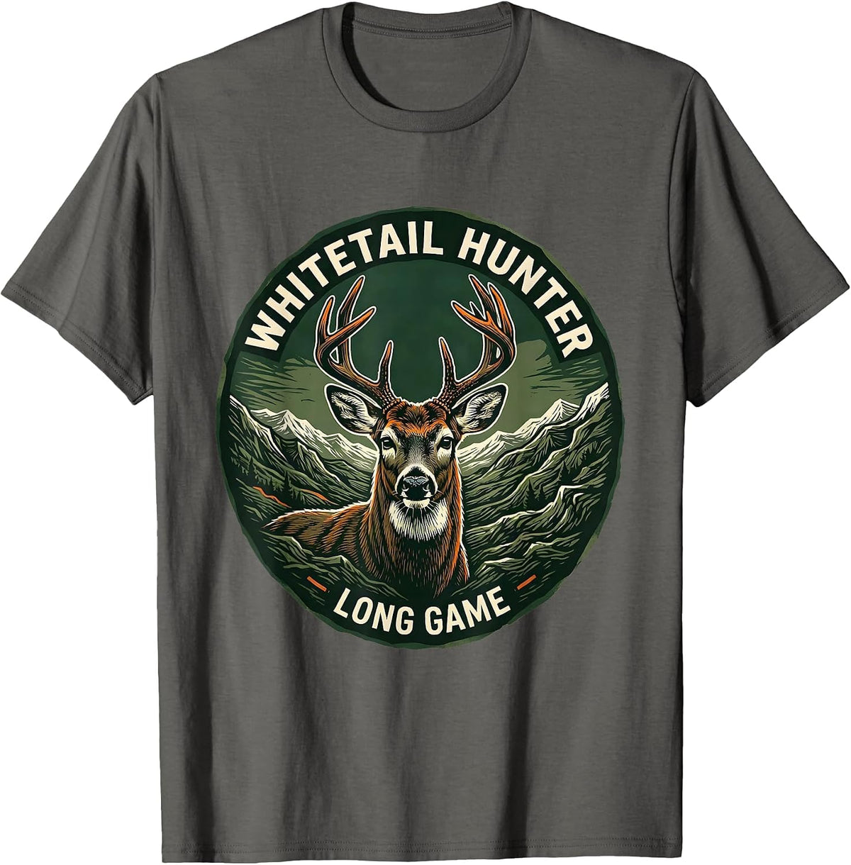 Men's Whitetail Hunter Long Game Linocut Camo Dad Hunting T-Shirt - Asphalt Grey