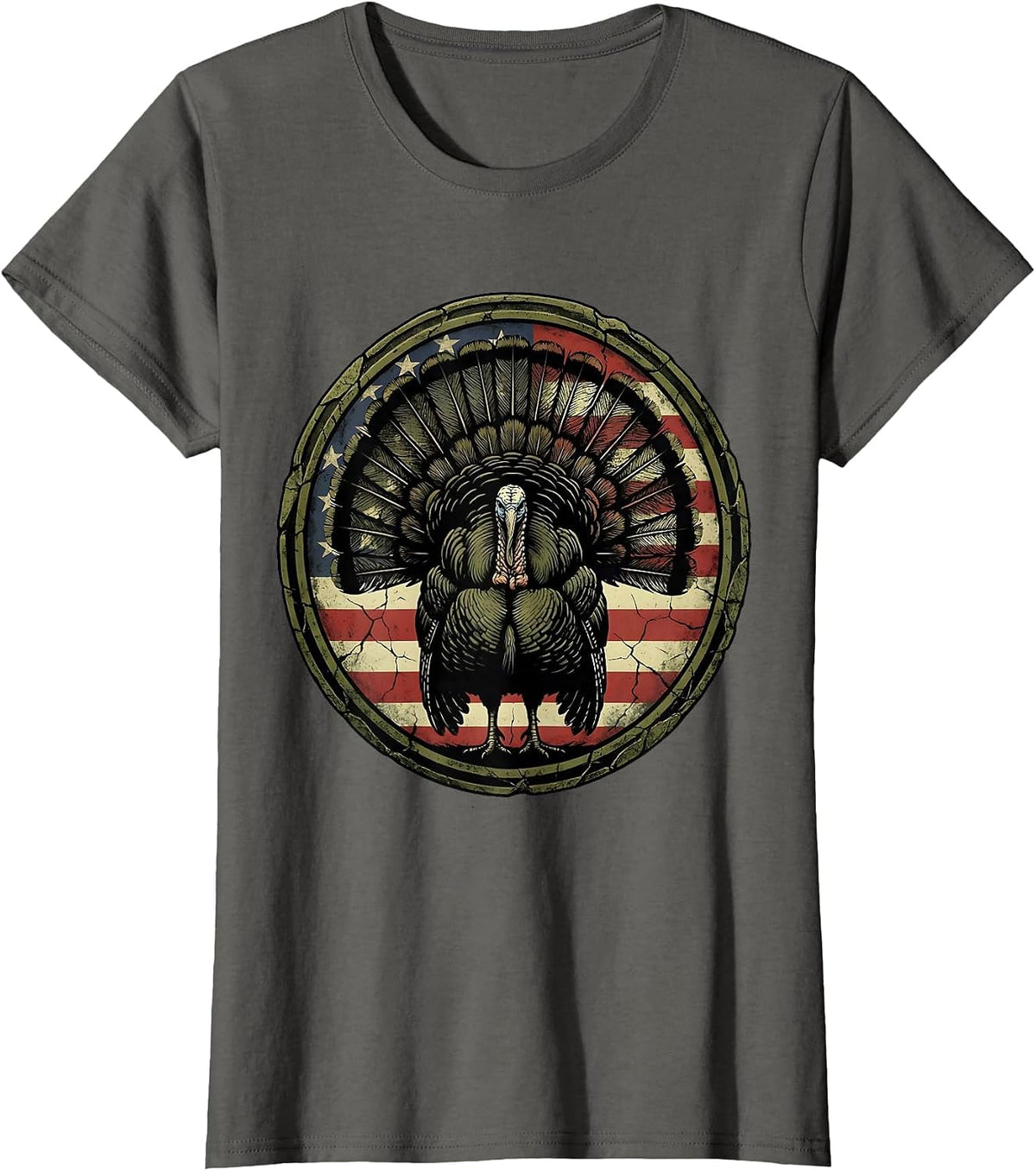 Women's Turkey Feathers Woodland Camo Hunting Design T-Shirt - Asphalt Grey
