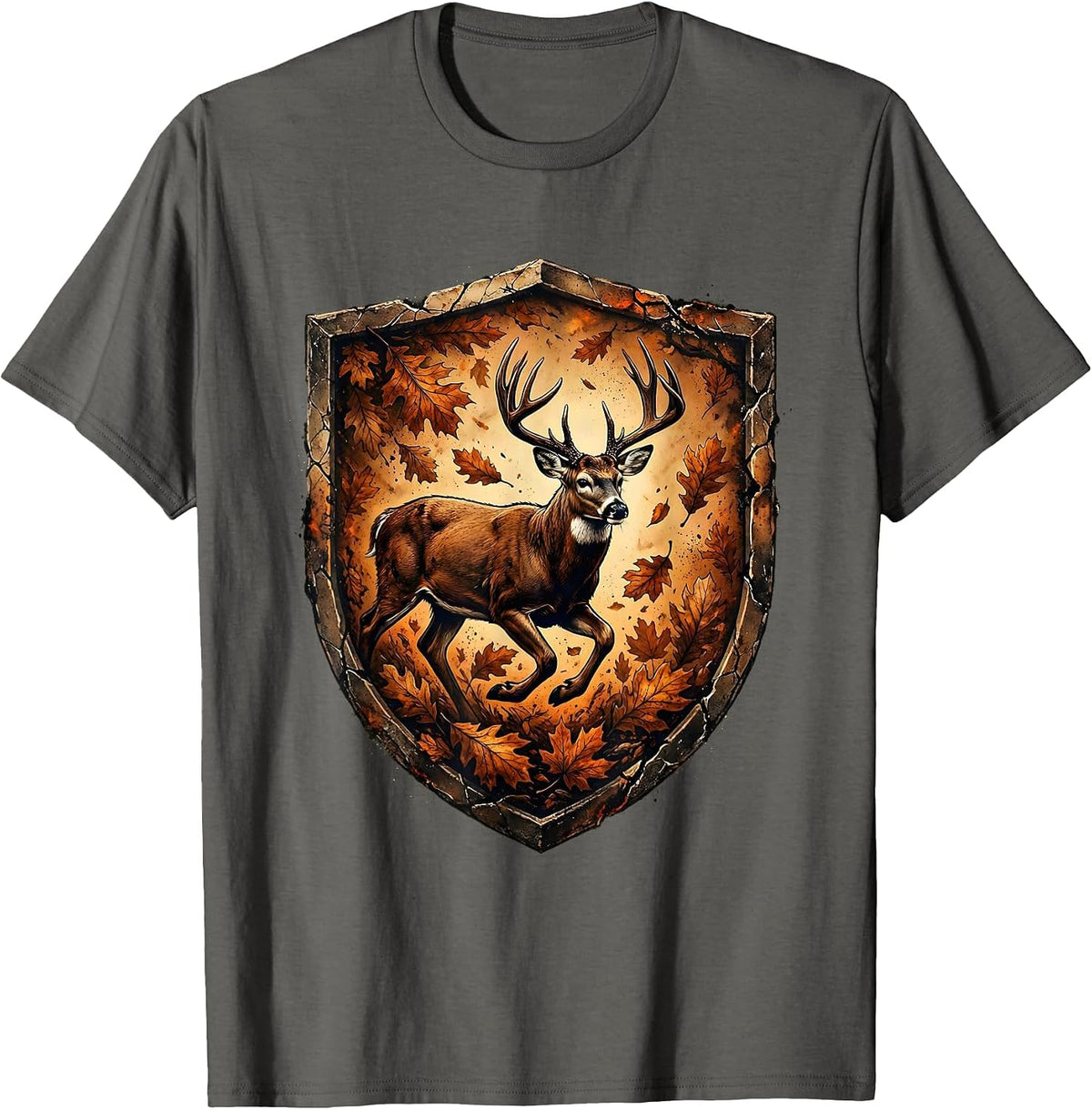 Whitetail Buck Running Through Autumn Leaves Camo T-Shirt - Asphalt Grey
